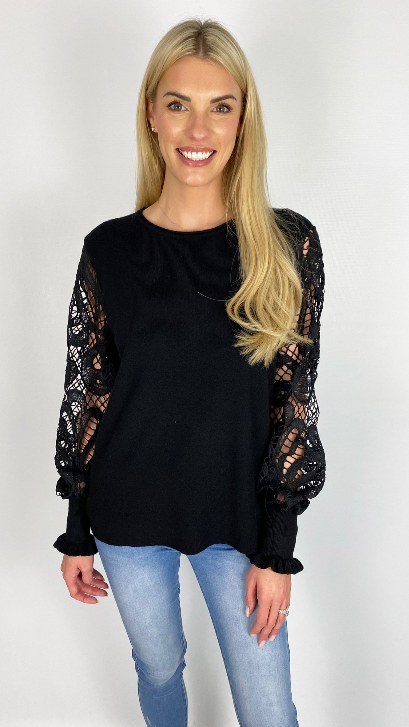 Crochet & frill sleeve jumper (4 Colours) - last 1s