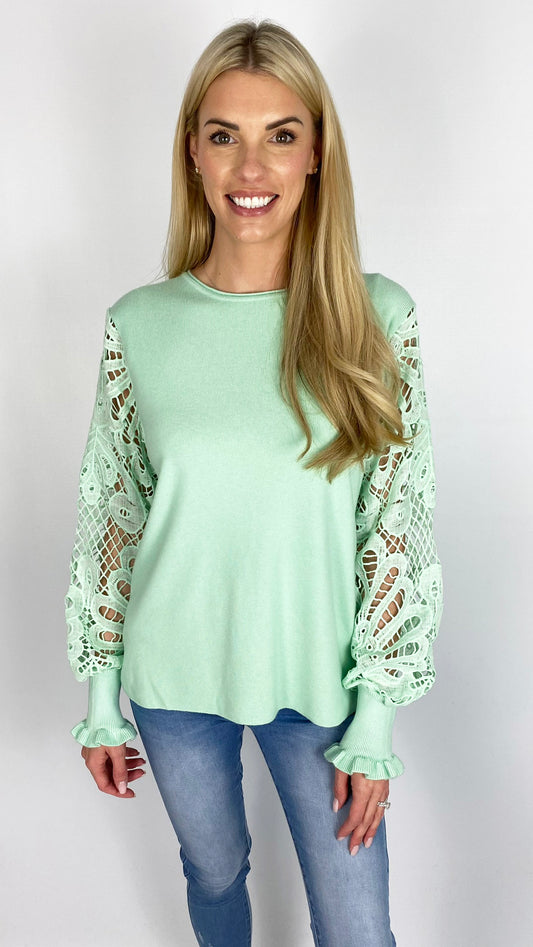 Crochet & frill sleeve jumper (4 Colours) - last 1s