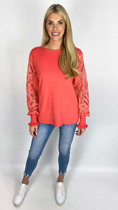 Crochet & frill sleeve jumper (4 Colours) - last 1s