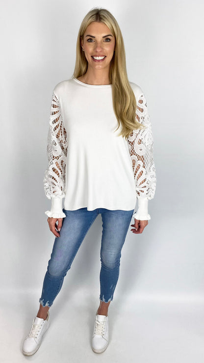 Crochet & frill sleeve jumper (4 Colours) - last 1s