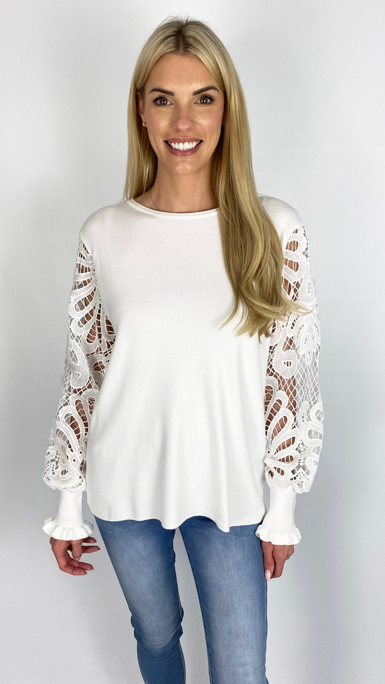 Crochet & frill sleeve jumper (4 Colours) - last 1s