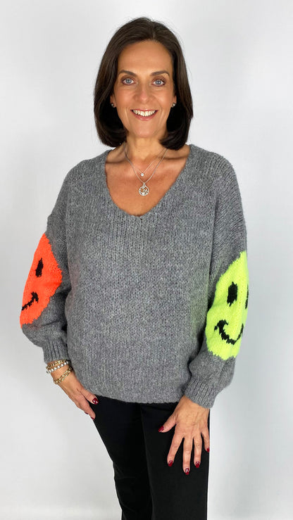 Neon smiley face ultra soft scoop jumper | 4 Colours