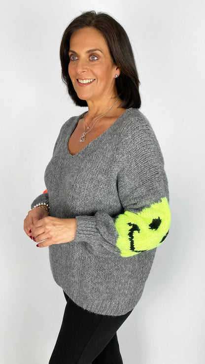 Neon smiley face ultra soft scoop jumper | 4 Colours