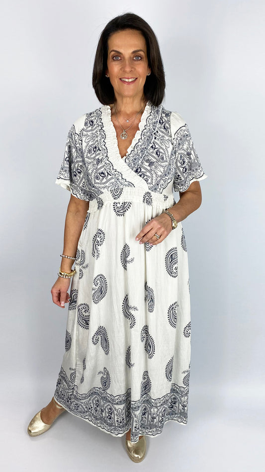 Paisley cotton & linen v-neck maxi dress | 2 Colours