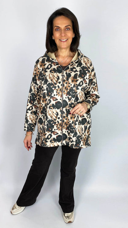 Print suedette-feel hooded jacket | 4 Colours