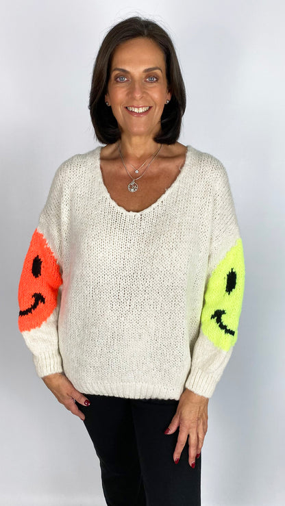 Neon smiley face ultra soft scoop jumper | 4 Colours