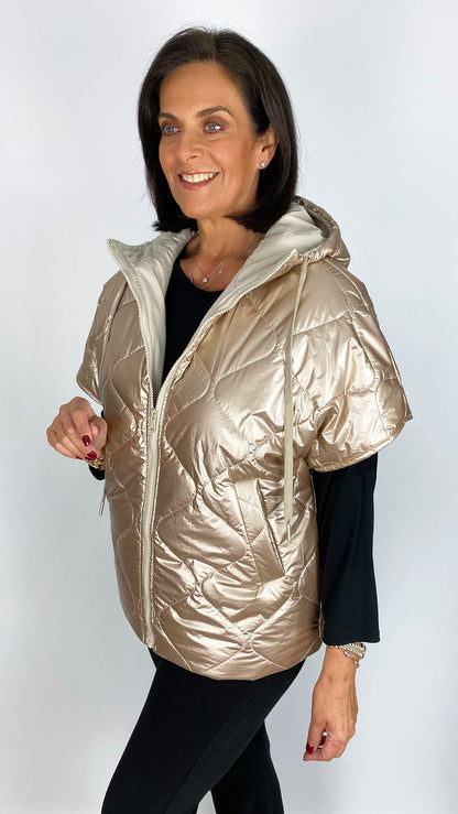 Cap sleeve metallic hooded gilet | Champagne