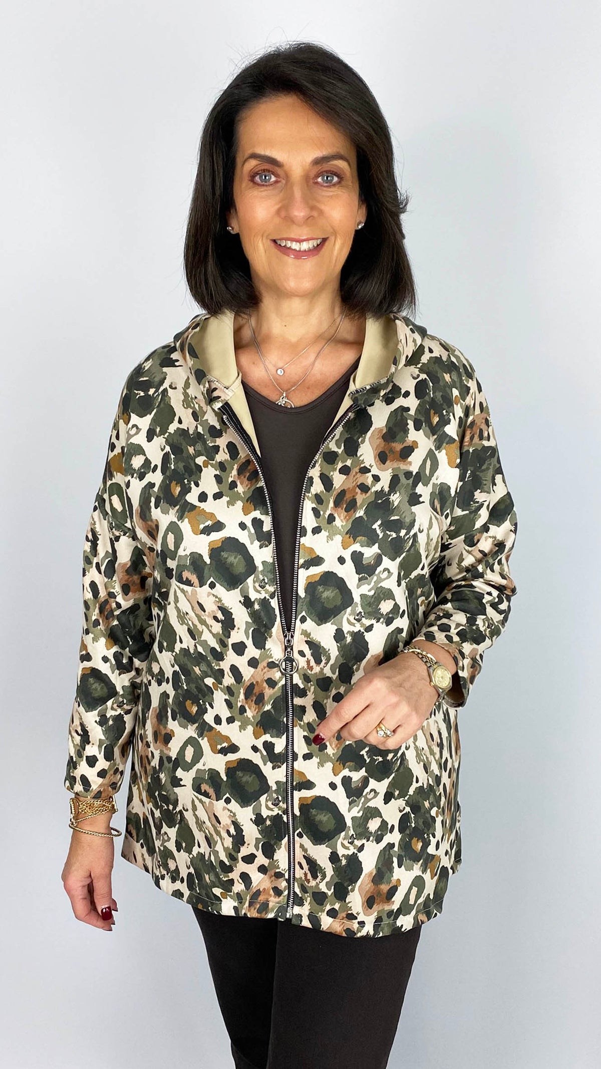 Print suedette-feel hooded jacket | 4 Colours
