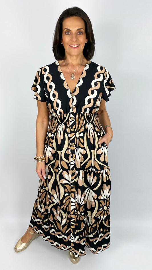 Abstract print shirred waist v-neck maxi dress | 2 Colours