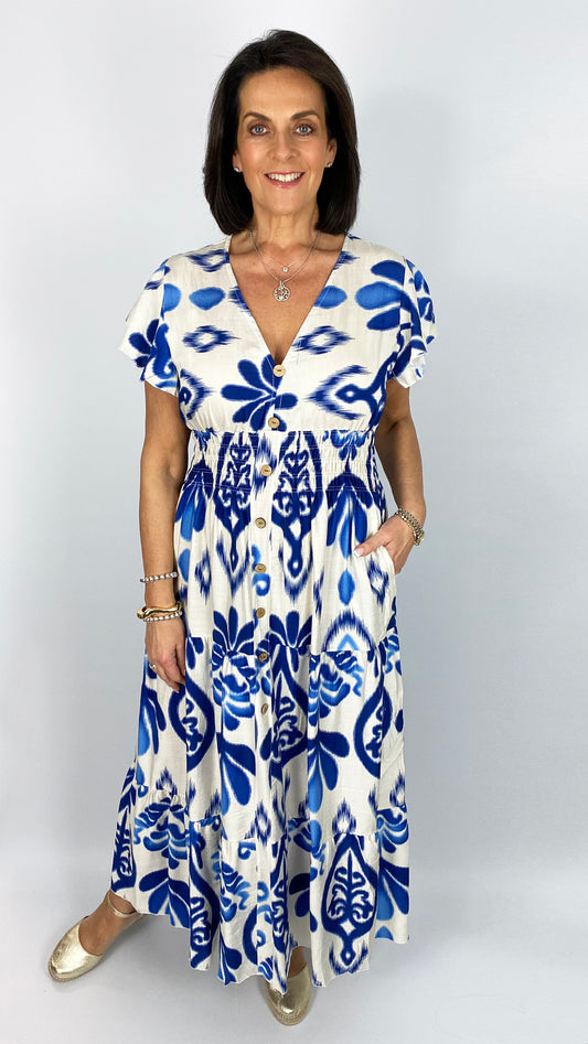 Damask print shirred waist v-neck maxi dress | 2 Colours