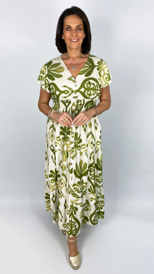 Damask print shirred waist v-neck maxi dress | 2 Colours