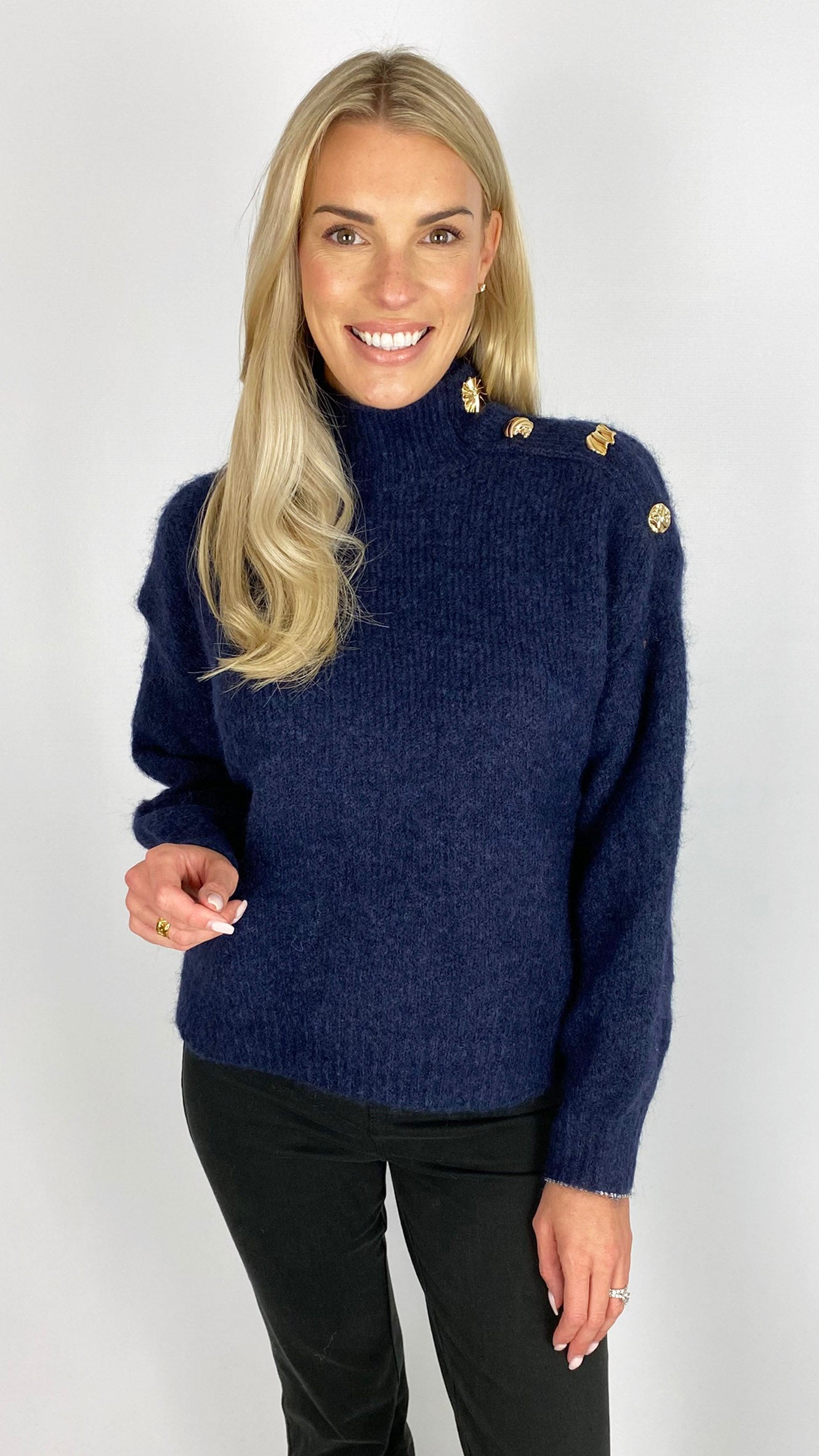 Gold fancy button shoulder funnel neck jumper | 3 Colours