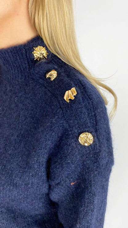 Gold fancy button shoulder funnel neck jumper | 3 Colours