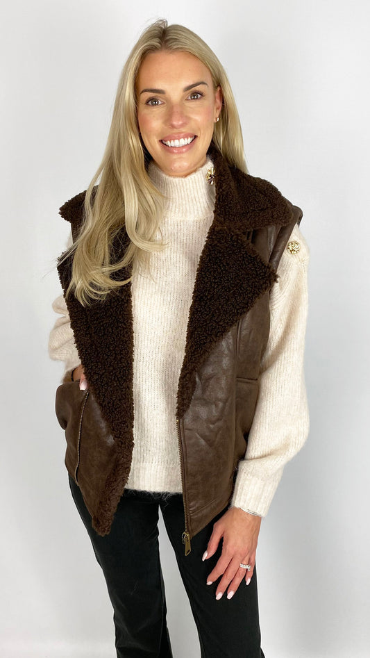Faux shearling aviator gilet | Chocolate