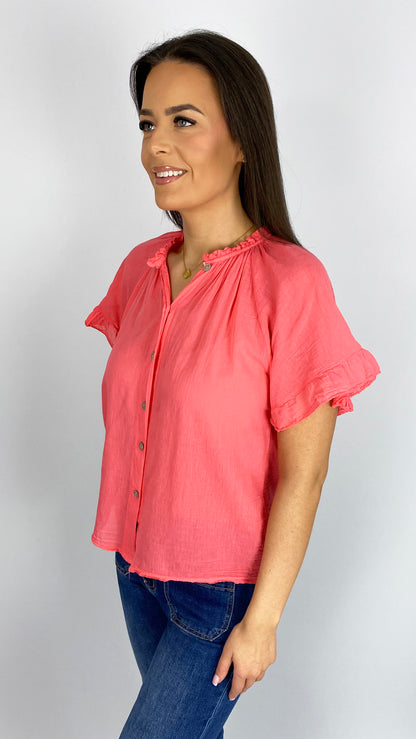 Cotton ruched neck frill sleeve blouse | 6 Colours