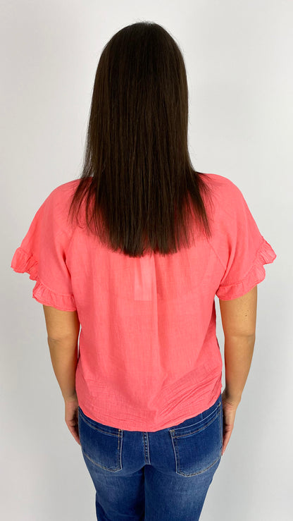 Cotton ruched neck frill sleeve blouse | 6 Colours