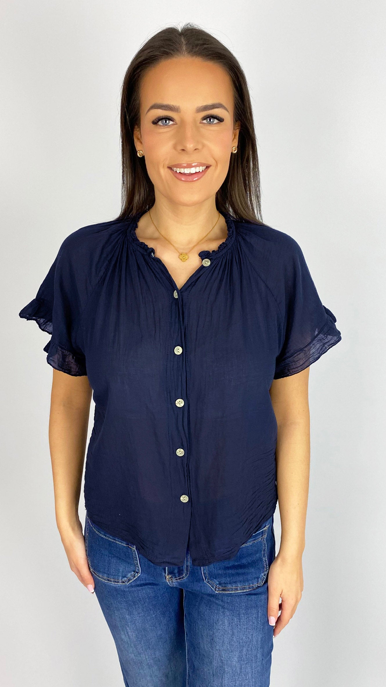 Cotton ruched neck frill sleeve blouse | 6 Colours