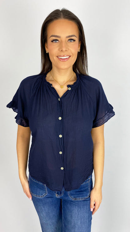 Cotton ruched neck frill sleeve blouse | 6 Colours