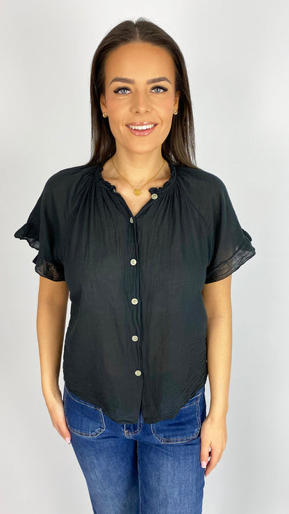 Cotton ruched neck frill sleeve blouse | 6 Colours