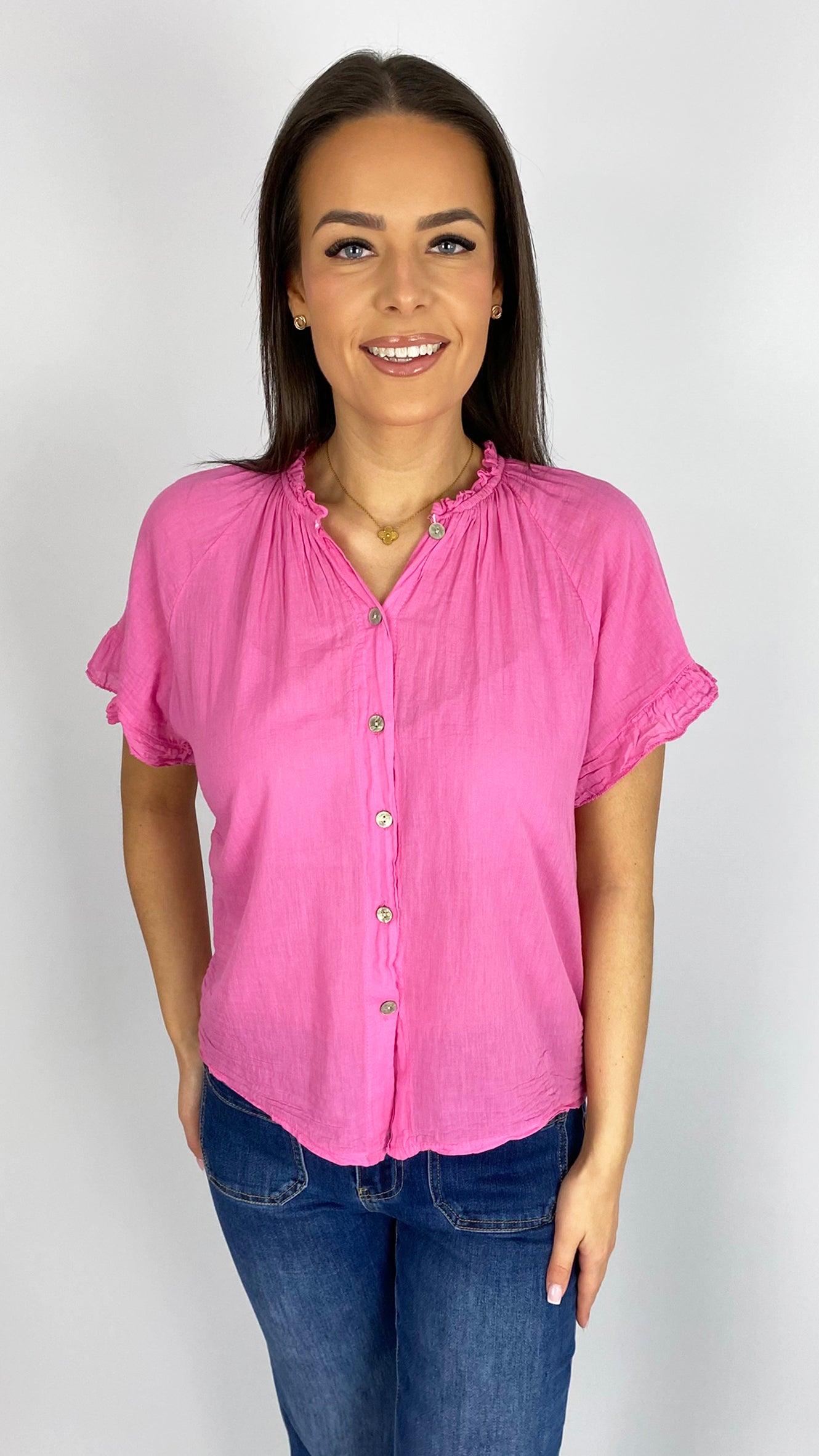 Cotton ruched neck frill sleeve blouse | 6 Colours