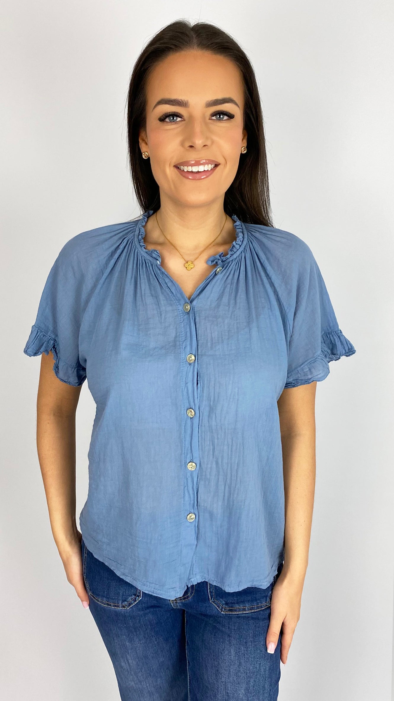 Cotton ruched neck frill sleeve blouse | 6 Colours