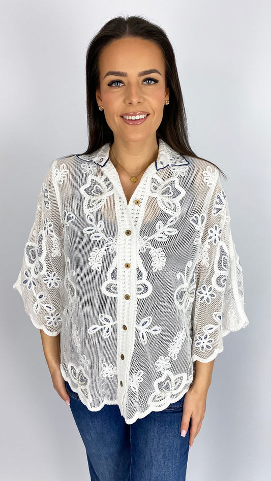 Butterfly & flower embellished mesh shirt | 2 Colours