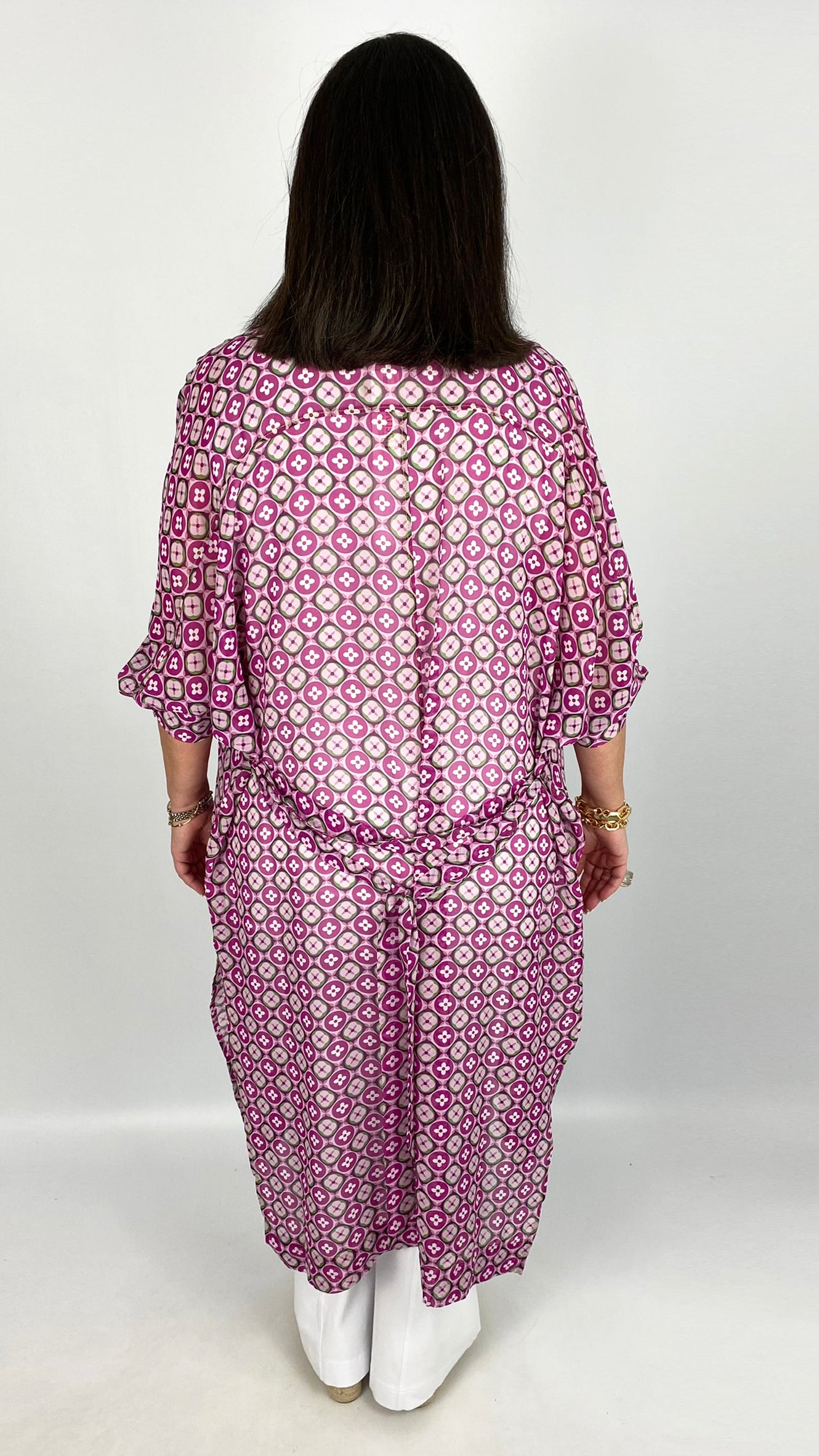 Contrast collar print long shirt by Malissa J (Pink Circles)