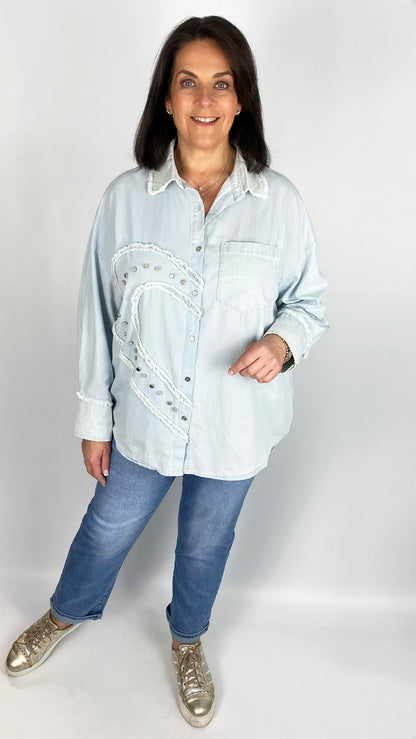 Embellished & frayed half heart button-through shirt (Pale Denim)