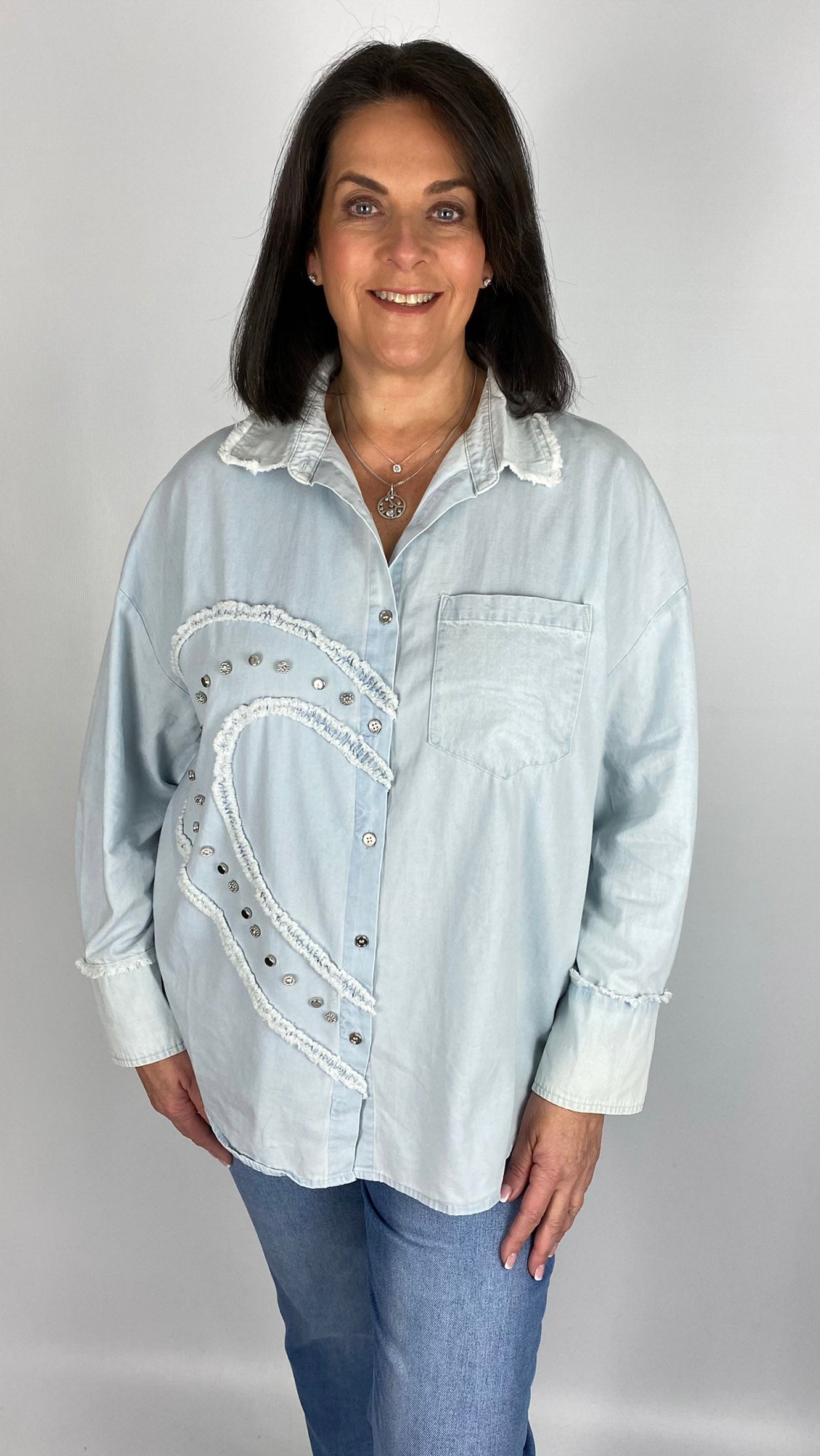 Embellished & frayed half heart button-through shirt (Pale Denim)