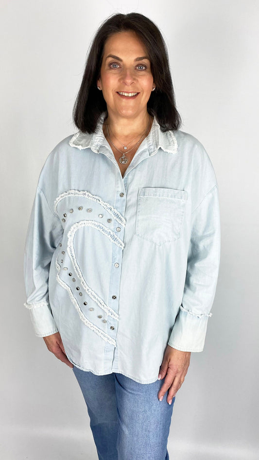 Embellished half heart raw collar shirt | Pale Denim