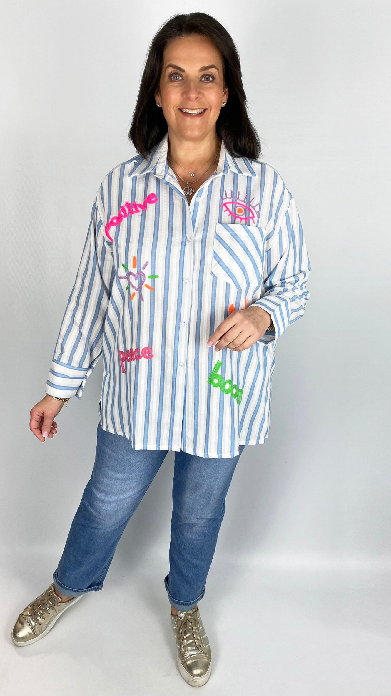 Neon stitched motif button-through stripe shirt (Blue/White)