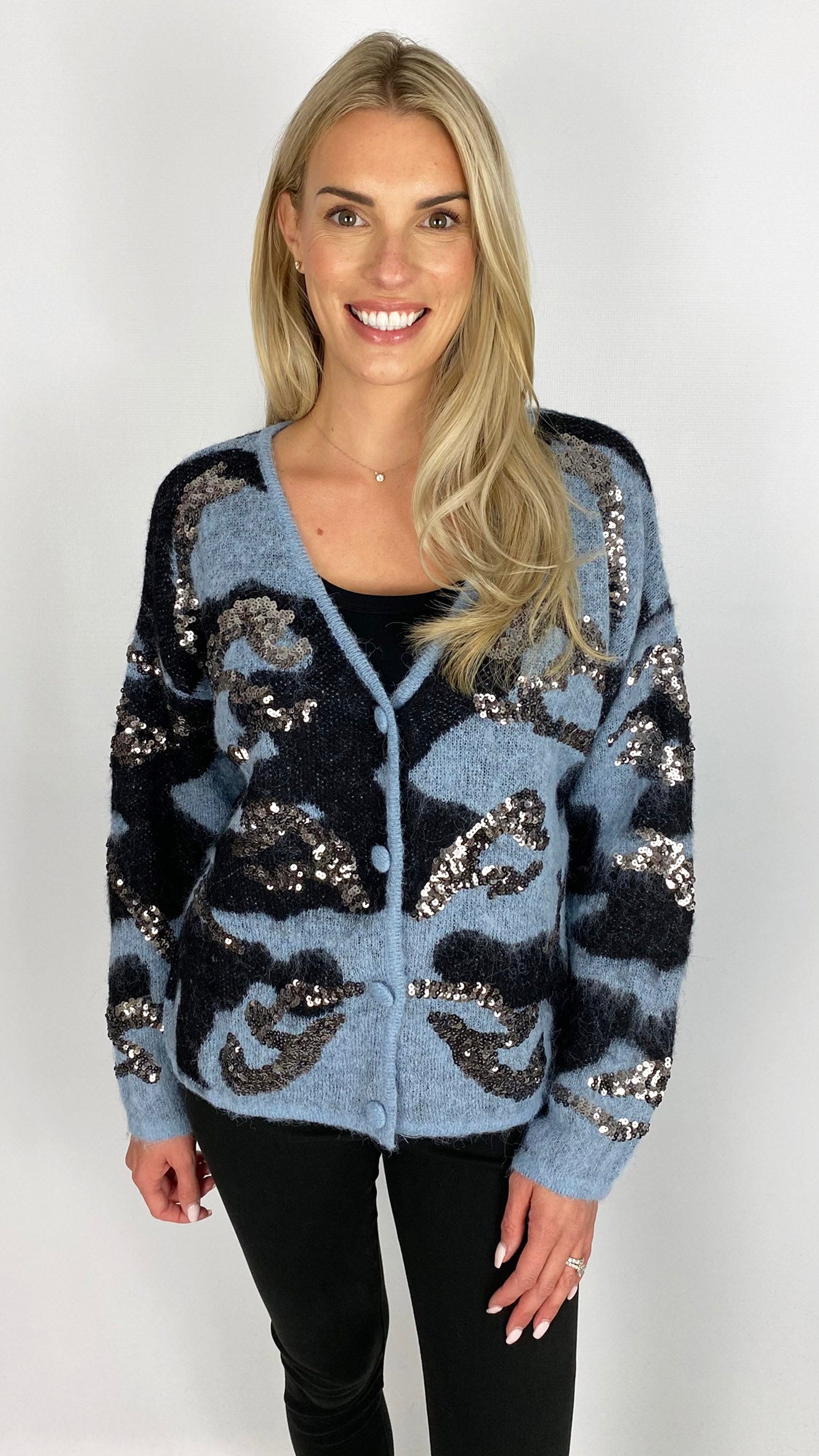 Sequin v-neck camo cardigan | Blue/Black