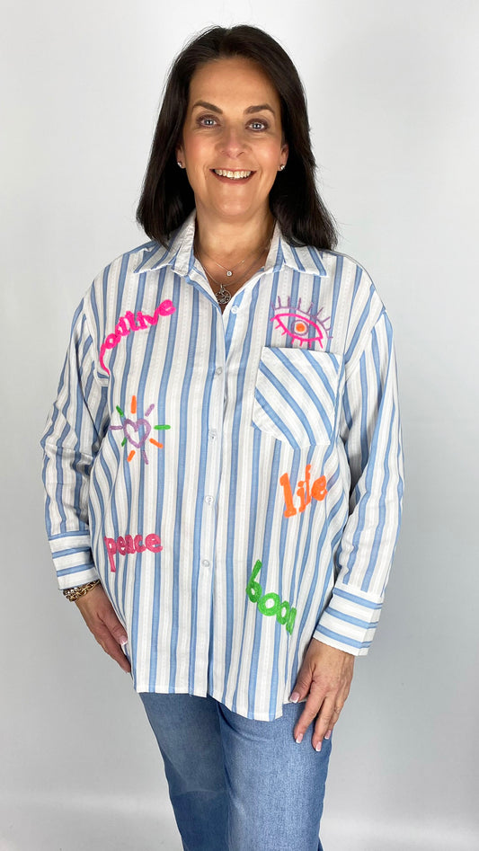 Neon stitched motif button-through stripe shirt (Blue/White)