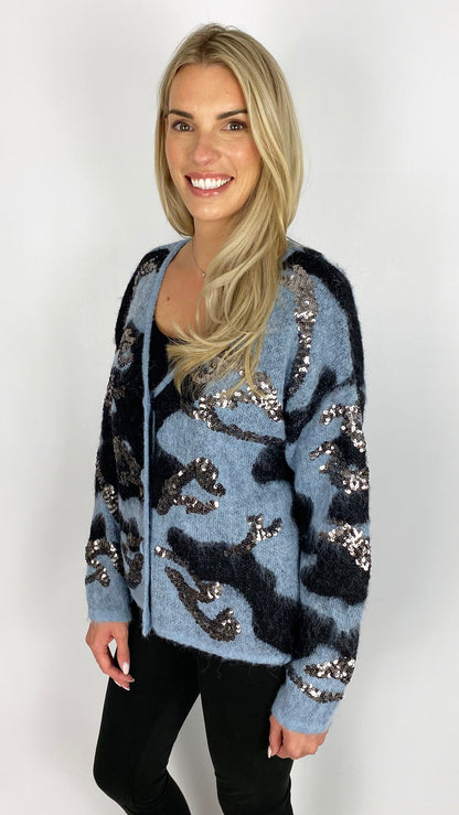 Sequin v-neck camo cardigan | Blue/Black
