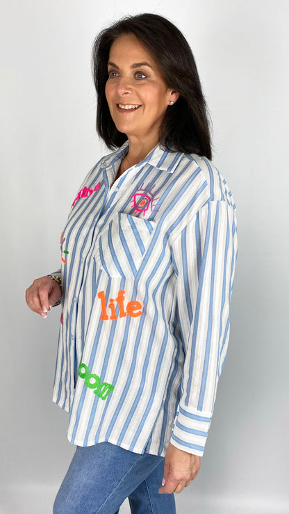 Neon stitched motif button-through stripe shirt (Blue/White)