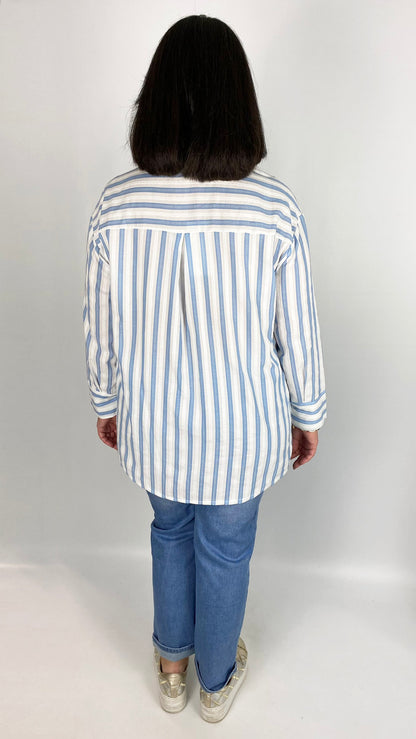 Neon stitched motif button-through stripe shirt (Blue/White)