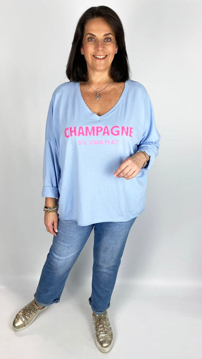 'Champagne' slogan pure cotton long sleeve v-neck top (4 Colours)