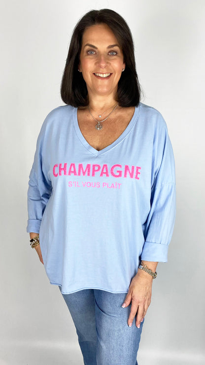 'Champagne' slogan pure cotton long sleeve v-neck top (4 Colours)