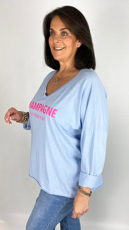 'Champagne' slogan pure cotton long sleeve v-neck top (4 Colours)