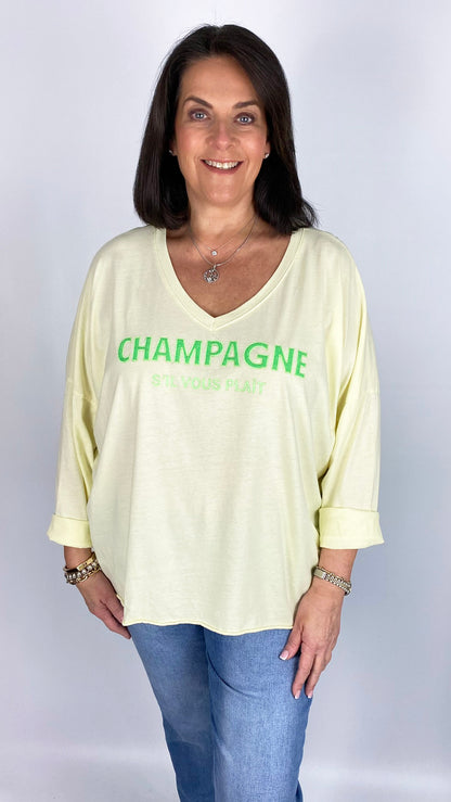 'Champagne' slogan pure cotton long sleeve v-neck top (4 Colours)