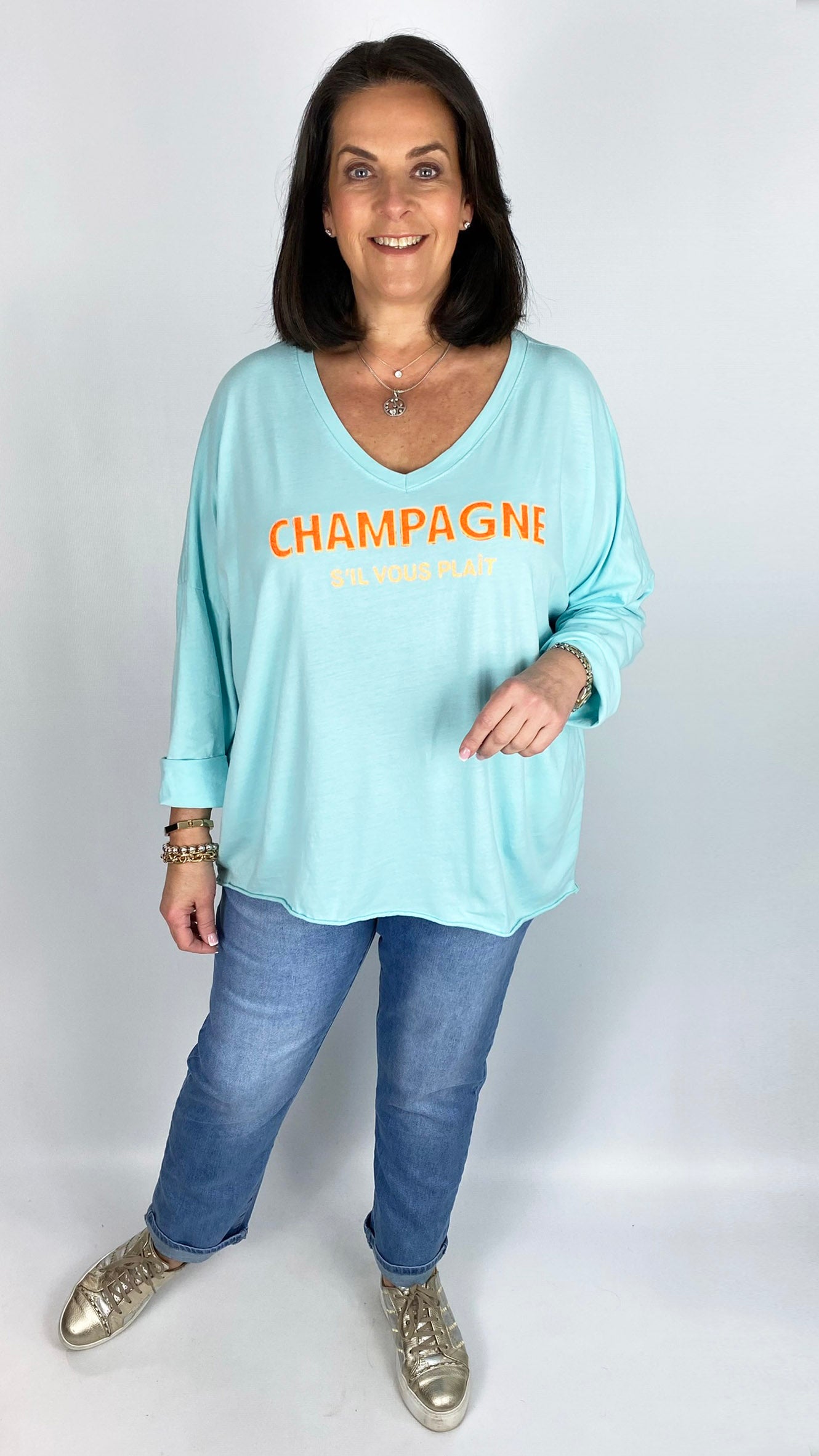 'Champagne' slogan pure cotton long sleeve v-neck top (4 Colours)