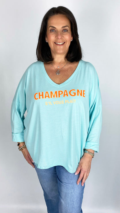 'Champagne' slogan pure cotton long sleeve v-neck top (4 Colours)