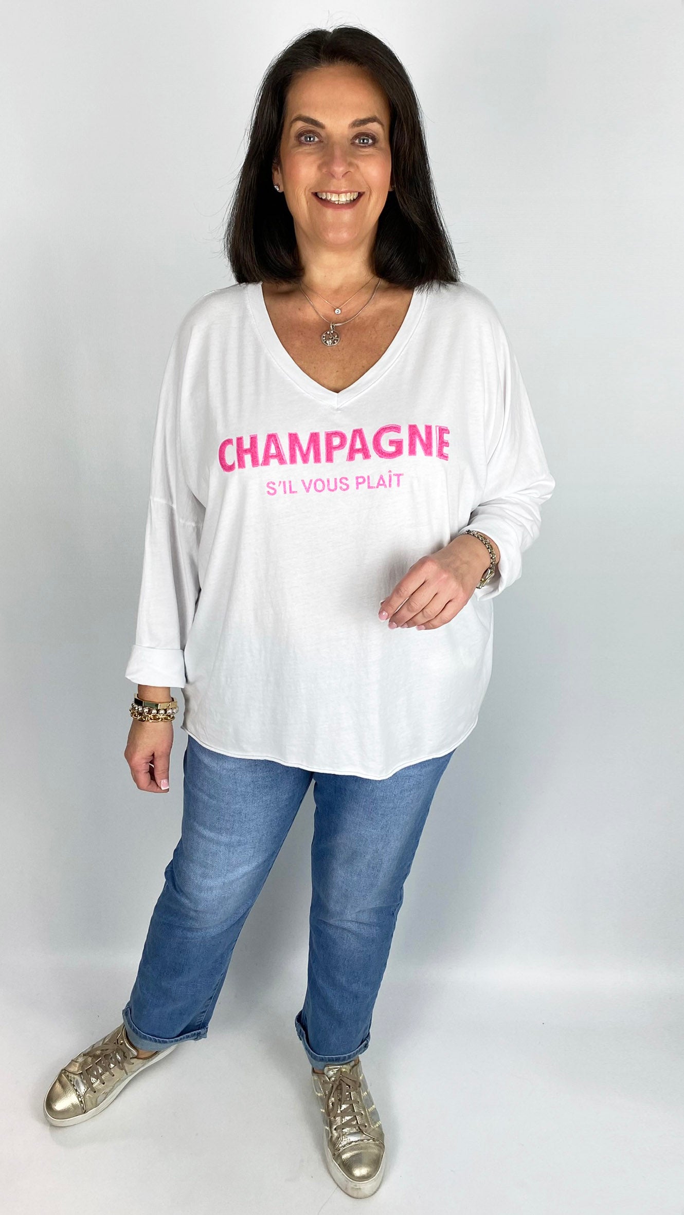 'Champagne' slogan pure cotton long sleeve v-neck top (4 Colours)