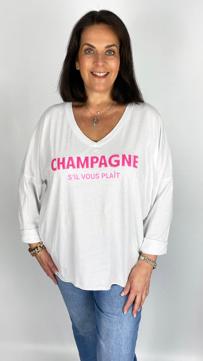 'Champagne' slogan pure cotton long sleeve v-neck top (4 Colours)