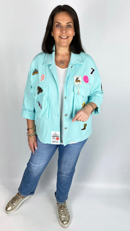 Multi badge stretch cotton denim jacket (4 Colours)