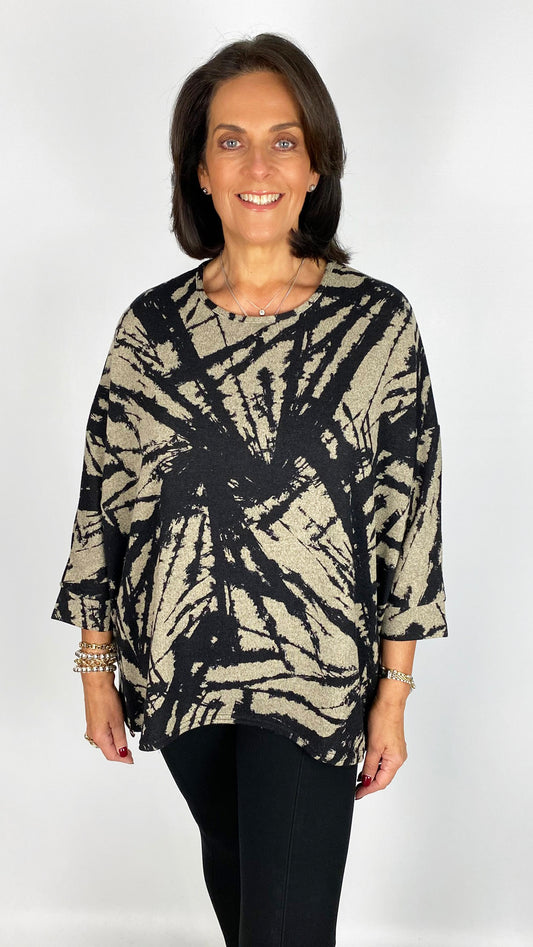 Oversized print dipped sides top | Stone/Black | by Malissa J
