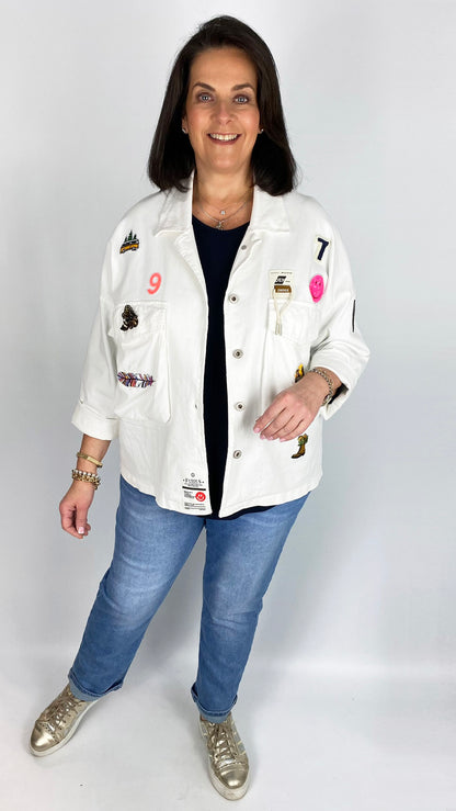 Multi badge stretch cotton denim jacket (4 Colours)