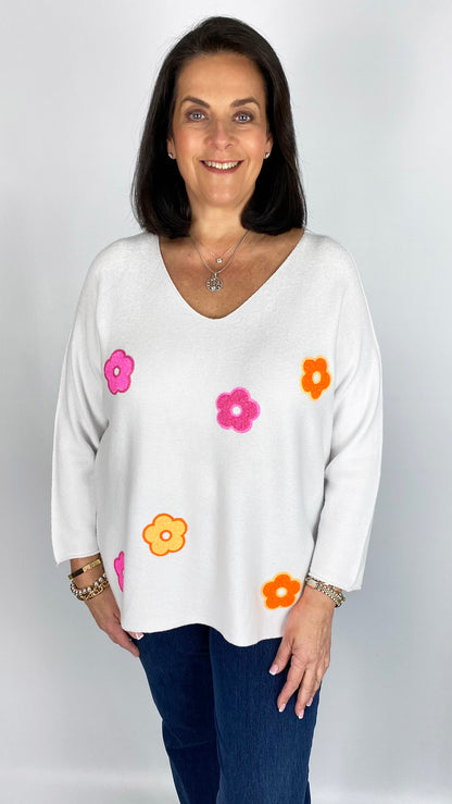 Soft glittery flower v-neck jumper (4 Colours)