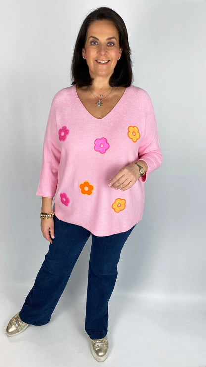 Soft glittery flower v-neck jumper (4 Colours)