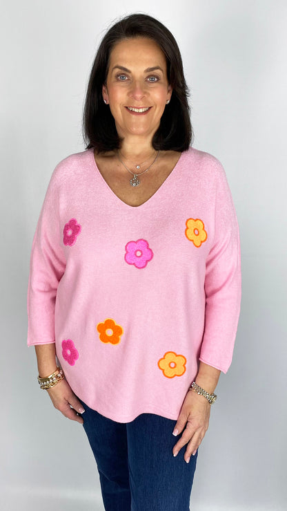 Soft glittery flower v-neck jumper (4 Colours)